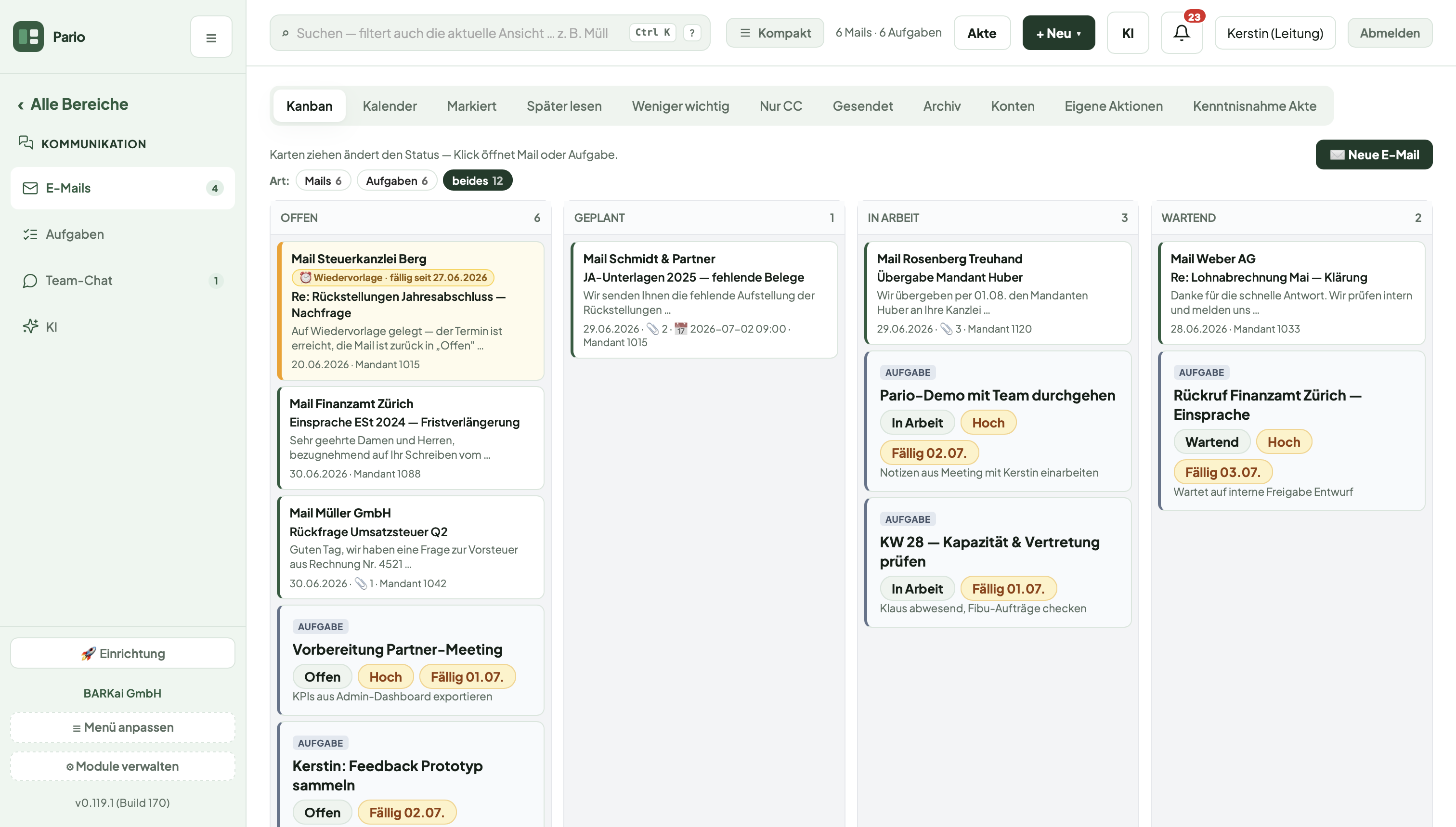 E-Mails und Aufgaben als Kanban-Board mit den Spalten Offen, Geplant, In Arbeit und Wartend, eine Mail ist mit fälliger Wiedervorlage markiert